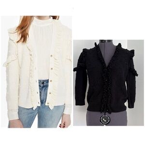 Kate Spade Wool Blend Cardigan Black Ruffle Pom Poms